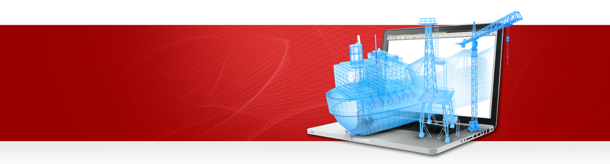 Digital ship model and shipyard cranes emerging from a laptop